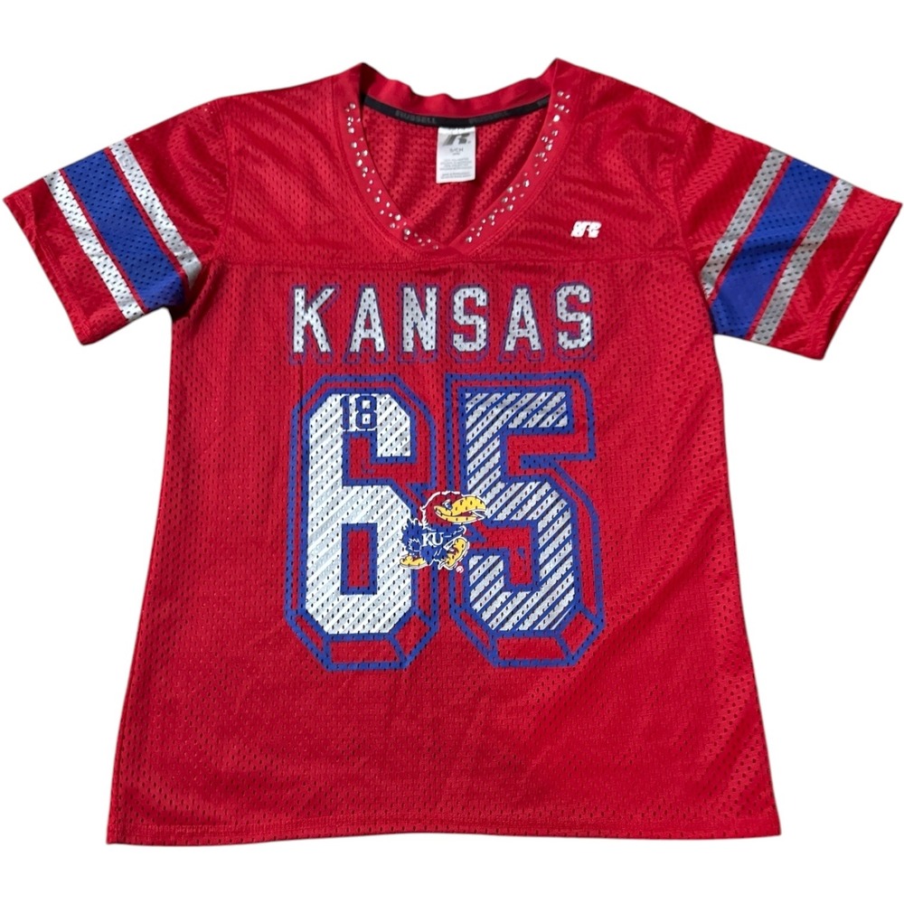 Kansas Jayhawks Football Jersey Russell Red Rhinestone Trim Womens Size‎ S